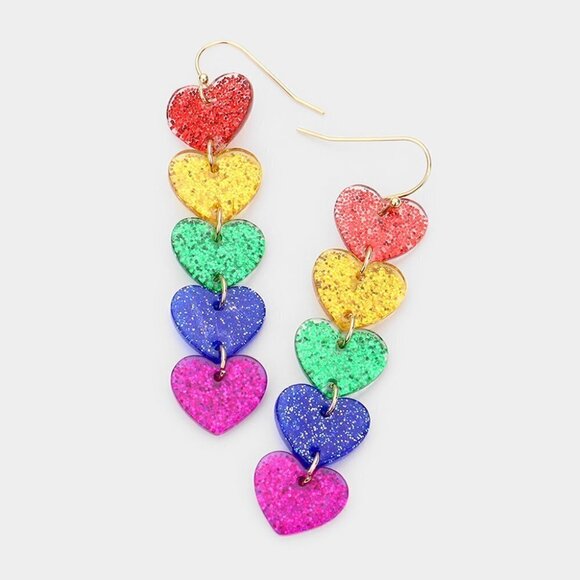 NEW Multi Glitter Resin Heart Dangle Earrings - Picture 1 of 6